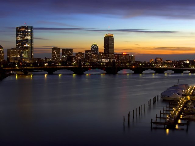 Обои огни, вода, небоскребы, вид на город, lights, water, skyscrapers, city view разрешение 1920x1080 Загрузить