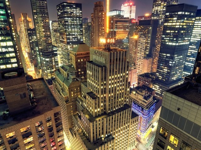 Обои свет, манхеттен, ночь, midtown, вечер, город, небоскребы, дома, нью-йорк, улицы, light, manhattan, night, the evening, the city, skyscrapers, home, new york, street разрешение 1920x1200 Загрузить