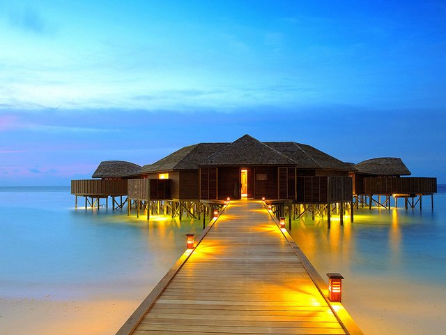 Обои океан, бунгало, тропики, мальдивы, the ocean, bungalow, tropics, the maldives разрешение 1920x1080 Загрузить