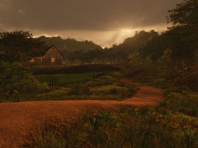 Обои дорога, арт, облака, поля, дорожка, дом, постройки, пасмурно, road, art, clouds, field, track, house, buildings, overcast разрешение 1920x1200 Загрузить