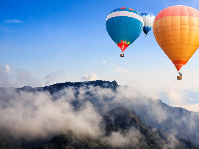 Обои горы, воздушные шары, mountains, balloons разрешение 1920x1200 Загрузить