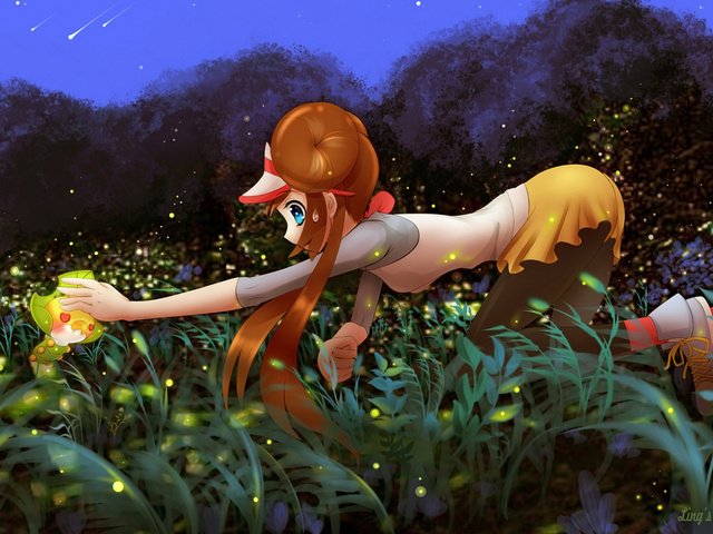 Обои трава, ночь, девушка, звезды, покемон, grass, night, girl, stars, pokemon разрешение 1920x1200 Загрузить