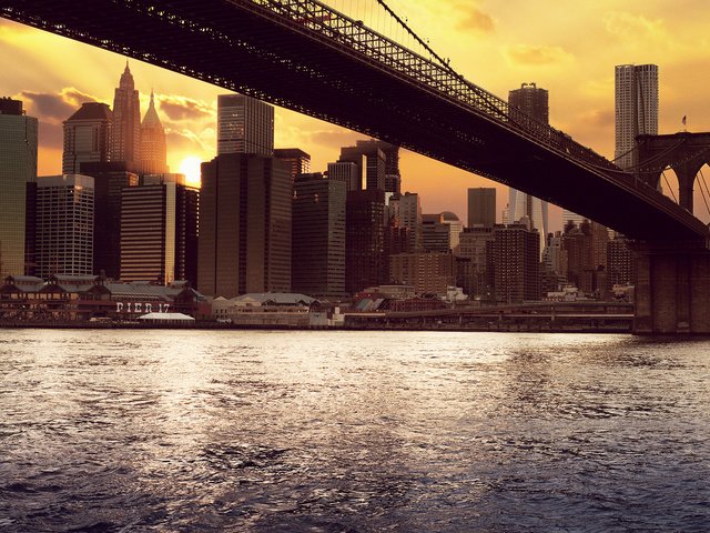 Обои вода, мост, сша, нью-йорк, здания, бруклинский мост, water, bridge, usa, new york, building, brooklyn bridge разрешение 1920x1280 Загрузить