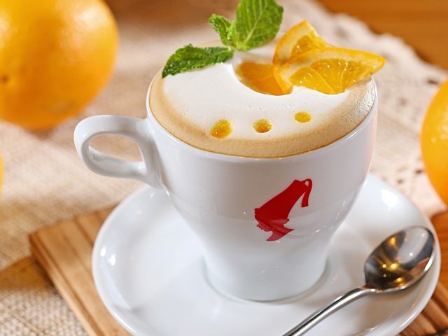 Обои апельсины, кофе, пена, молоко, кусочки, капучино, oranges, coffee, foam, milk, pieces, cappuccino разрешение 1920x1200 Загрузить