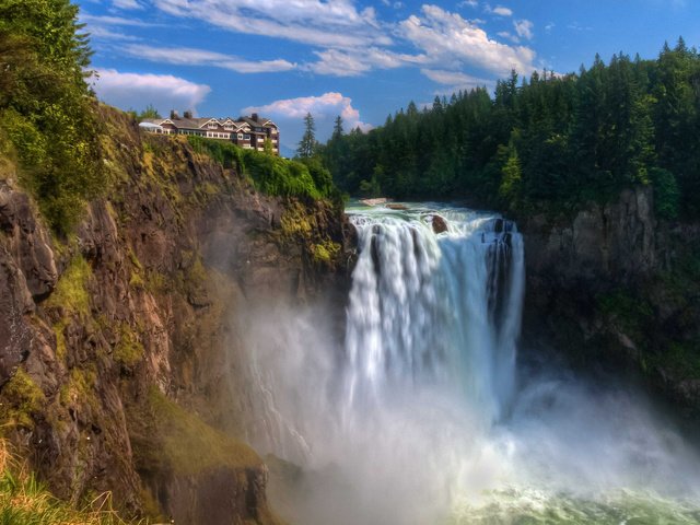 Обои водопад, поток, дом, обрыв, snoqualmie falls, waterfall, stream, house, open разрешение 1920x1080 Загрузить