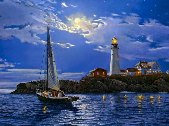 Обои арт, пейзаж, море, маяк, яхта, безмятежность, dave barnhouse, art, landscape, sea, lighthouse, yacht, serenity разрешение 2560x1600 Загрузить