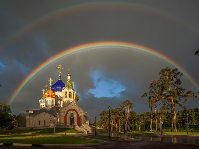 Обои москва, радуга, храм святого князя игоря черниговского, переделкино, патриаршее подворье, moscow, rainbow, the temple of saint prince igor of chernigov, peredelkino, the patriarchal metochion разрешение 2048x1470 Загрузить