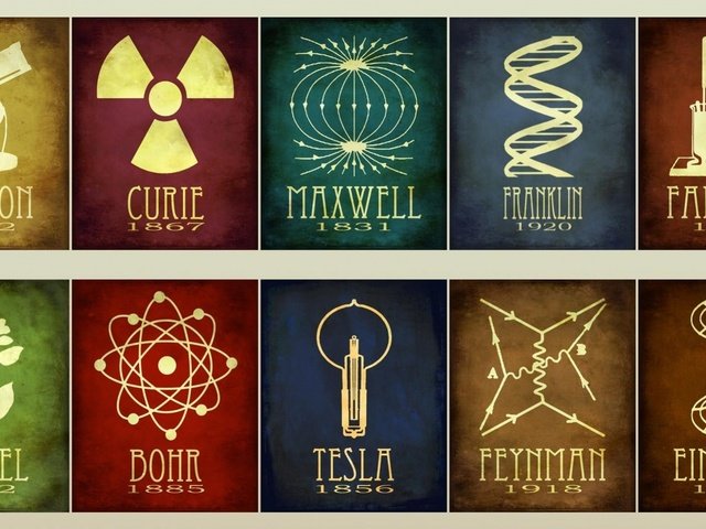 Обои эйнштейн, curie, maxwell, faraday, mendel, bohr, tesla, feynman, ньютон, франклин, einstein, newton, franklin разрешение 1920x1080 Загрузить