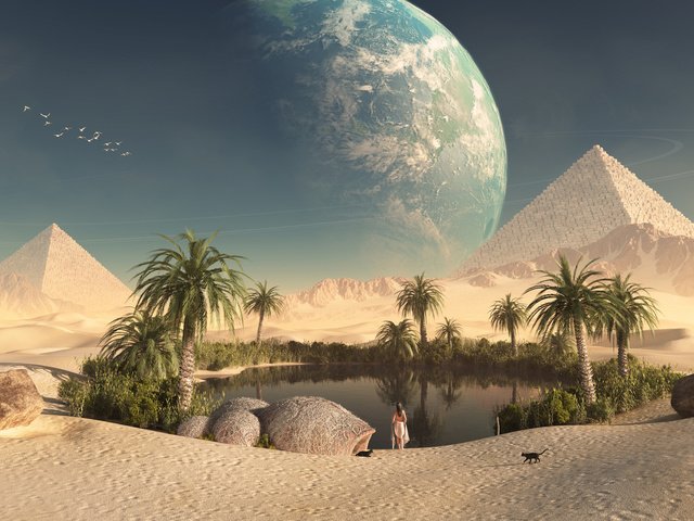 Обои девушка, планета, пустыня, кошки, оазис, girl, planet, desert, cats, oasis разрешение 1920x1080 Загрузить