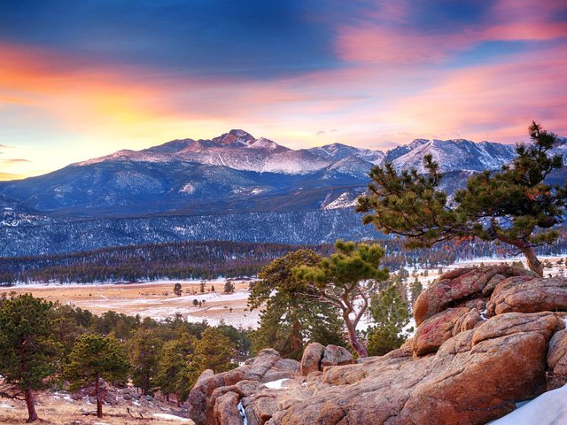 Обои горы, лес, зима, сумерки, колорадо, национальный парк, mountains, forest, winter, twilight, colorado, national park разрешение 2048x1365 Загрузить