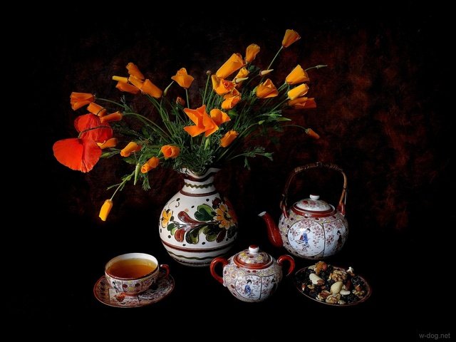 Обои цветы, эшшольция, орехи, фон, маки, чашка, чай, чайник, натюрморт, flowers, escholzia, nuts, background, maki, cup, tea, kettle, still life разрешение 1920x1440 Загрузить