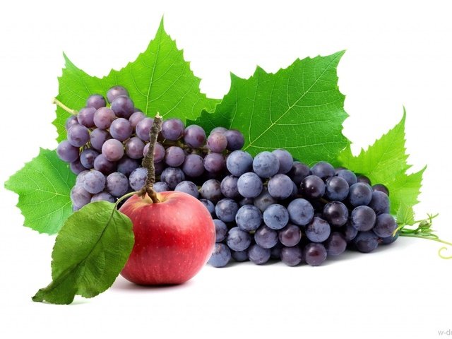Обои листья, виноград, фрукты, ягоды, белый фон, яблоко, leaves, grapes, fruit, berries, white background, apple разрешение 1920x1291 Загрузить
