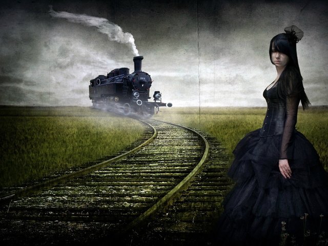 Обои дорога, девушка, картина, фантастика, поезд, road, girl, picture, fiction, train разрешение 2560x1600 Загрузить