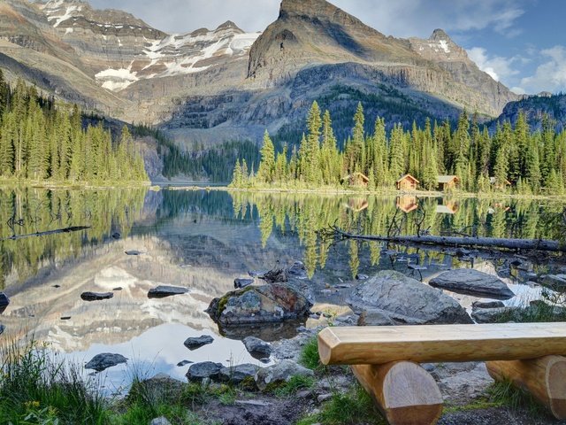 Обои озеро, lake ohara, йохо национальный парк, горы, камни, лес, дома, скамейка, ели, канада, lake, yoho national park, mountains, stones, forest, home, bench, ate, canada разрешение 1920x1200 Загрузить