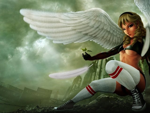 Обои девушка, крылья, кеды, ангел, перо, julio grimaldo, girl, wings, sneakers, angel, pen разрешение 1953x1080 Загрузить