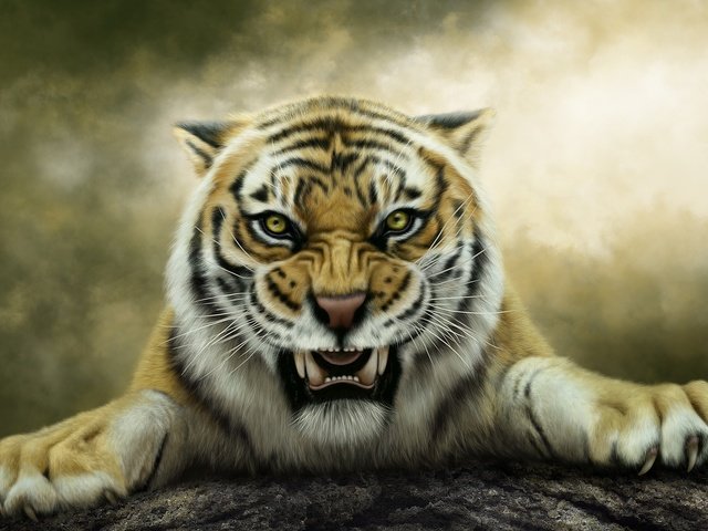 Обои тигр, арт, оскал, tiger, art, grin разрешение 2560x1440 Загрузить
