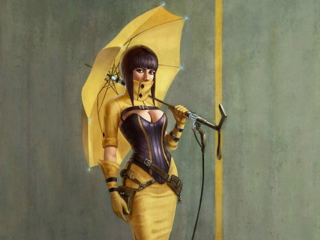 Обои арт, девушка, зонтик, cleavage, boobs, yellow umbrella, сексапильная, art, girl, umbrella, sexy разрешение 1920x1200 Загрузить