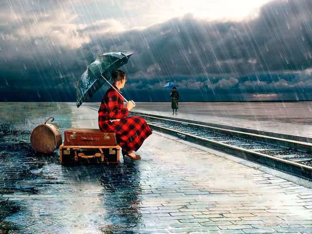 Обои железная дорога, девушка, зонт, ливень, чемоданы, jenny de groot, railroad, girl, umbrella, the shower, suitcases разрешение 2048x1512 Загрузить
