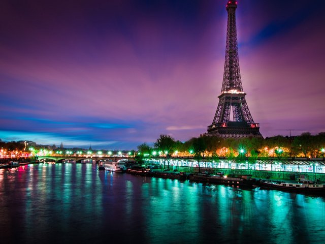 Обои огни, вечер, река, париж, франция, эйфелева башня, lights, the evening, river, paris, france, eiffel tower разрешение 1920x1200 Загрузить