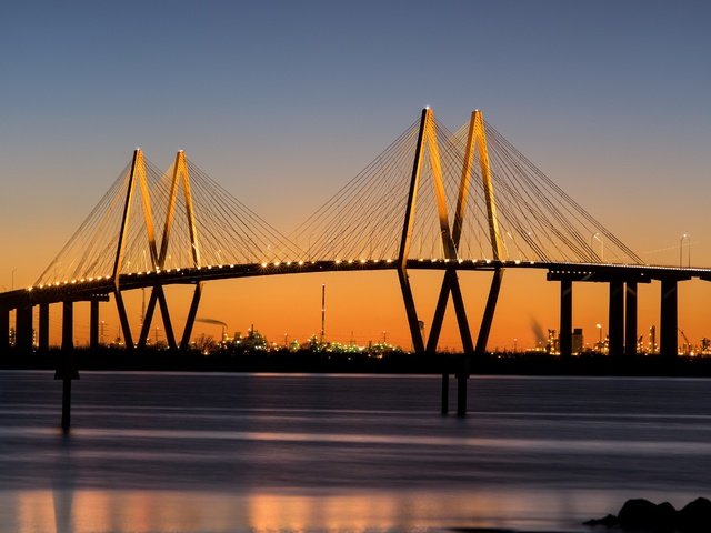 Обои мост, город, сша., штат техас, мост фреда хартмана, bridge, the city, usa., texas, bridge fred hartman разрешение 2880x1800 Загрузить