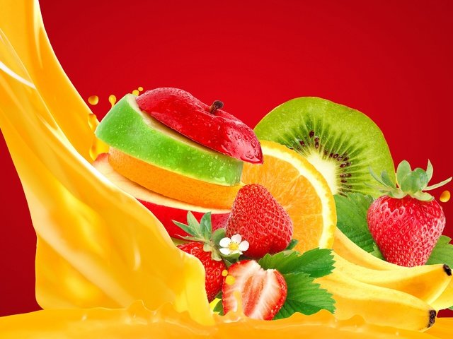 Обои фрукты, клубника, лимон, витамины, ягоды, киви, бананы, сок, fruit, strawberry, lemon, vitamins, berries, kiwi, bananas, juice разрешение 2880x1920 Загрузить