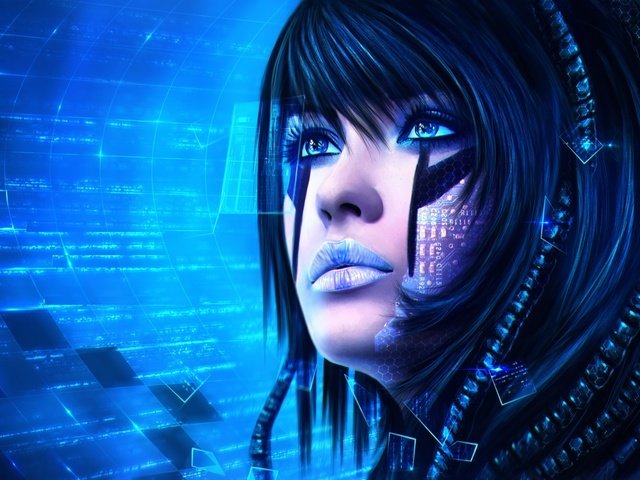 Обои арт, девушка, фантастика, взгляд, лицо, технологии, sci-fi, art, girl, fiction, look, face, technology разрешение 1920x1080 Загрузить