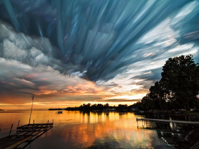 Обои небо, облака, вода, озеро, закат, причал, the sky, clouds, water, lake, sunset, pier разрешение 2048x1365 Загрузить