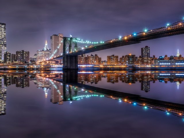 Обои ночь, город, сша, нью-йорк, бруклинский мост, night, the city, usa, new york, brooklyn bridge разрешение 2048x1152 Загрузить