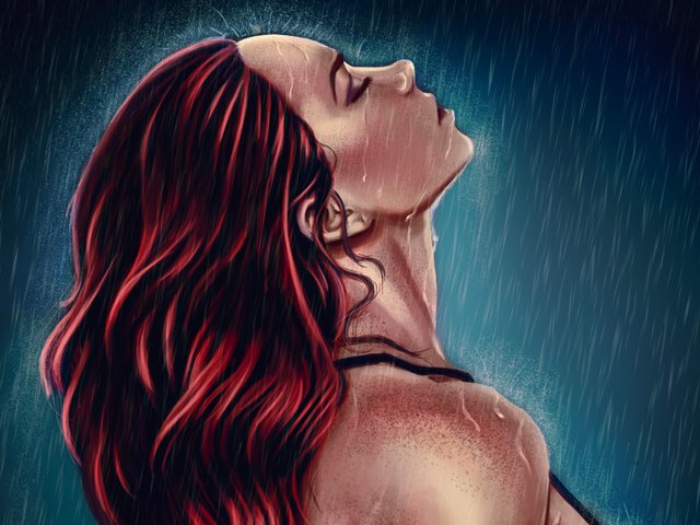 Обои арт, красные волосы, девушка, капли, профиль, дождь, плечи, лицо, живопись, art, red hair, girl, drops, profile, rain, shoulders, face, painting разрешение 4000x2965 Загрузить