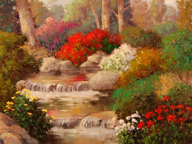 Обои цветы, деревья, вода, природа, розы, живопись, ручеёк, flowers, trees, water, nature, roses, painting, brook разрешение 2720x1820 Загрузить