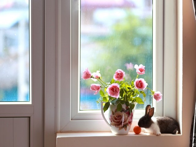 Обои розы, букет, кролик, окно, кувшин, roses, bouquet, rabbit, window, pitcher разрешение 2048x1365 Загрузить