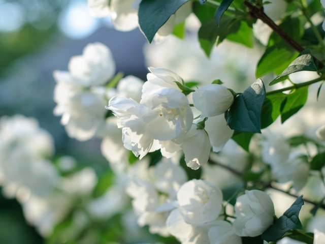 Обои цветение, белый, весна, куст, жасмин, цветущая ветка, flowering, white, spring, bush, jasmine, flowering branch разрешение 3000x1993 Загрузить