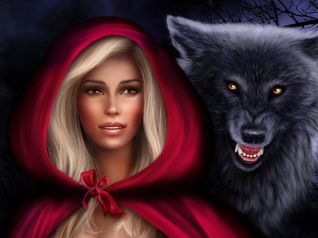 Обои девушка, хищник, фотошоп, волк, капюшон, красная шапочка, нelena, girl, predator, photoshop, wolf, hood, little red riding hood, gb разрешение 2560x1440 Загрузить