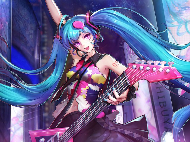 Обои арт, девушка, гитара, аниме, вокалоид, мику хацунэ, art, girl, guitar, anime, vocaloid, hatsune miku разрешение 1999x1495 Загрузить