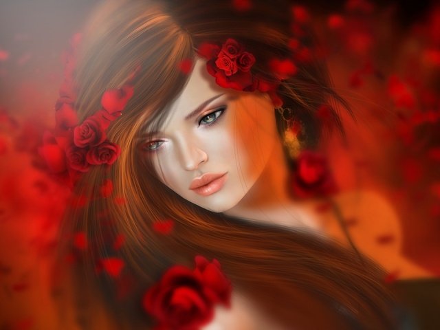 Обои цветы, девушка, брюнетка, розы, красные, волосы, flowers, girl, brunette, roses, red, hair разрешение 1980x1238 Загрузить