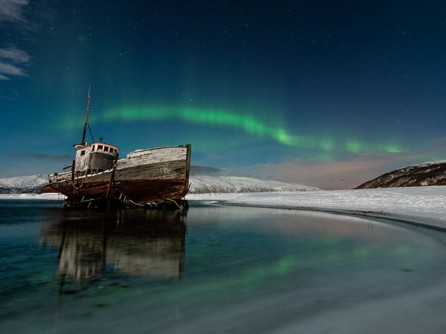 Обои ночь, море, корабль, северное сияние, night, sea, ship, northern lights разрешение 1920x1080 Загрузить