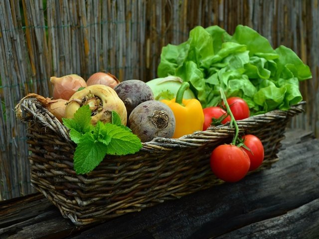 Обои лук, корзина, овощи, помидоры, перец, салат, свекла, bow, basket, vegetables, tomatoes, pepper, salad, beets разрешение 1920x1313 Загрузить