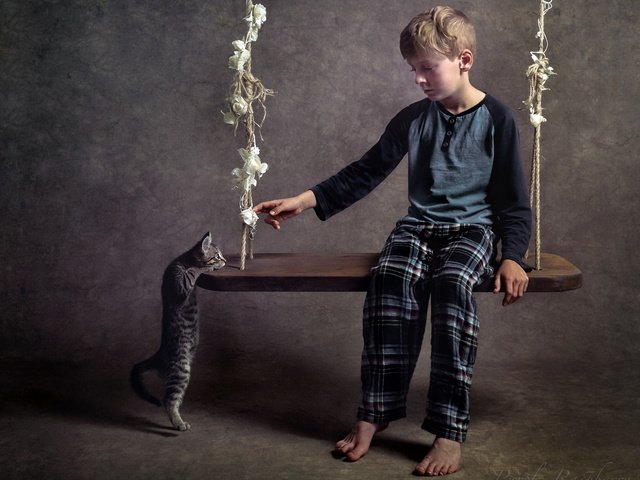 Обои кошка, мальчик, качели, cat, boy, swing разрешение 2048x1450 Загрузить