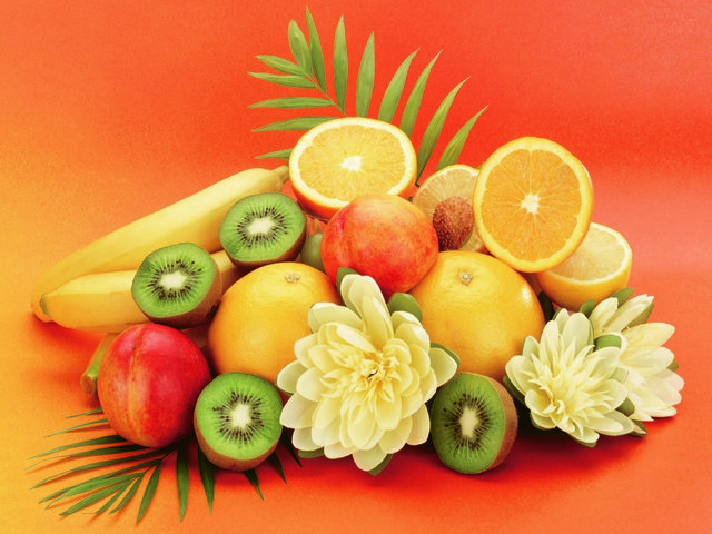 Обои фрукты, апельсины, апельсин, персики, киви, персик, банан, бананы, fruit, oranges, orange, peaches, kiwi, peach, banana, bananas разрешение 2880x2120 Загрузить