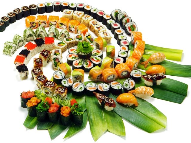 Обои зелень, креветки, черная икра, листья, красная икра, украшения, японская кухня, ломтики, лосось, рис, сервировка, суши, тунец, роллы, нарезка, морепродукты, красная рыба, greens, shrimp, black caviar, leaves, red caviar, decoration, japanese cuisine, slices, salmon, figure, serving, sushi, tuna, rolls, cutting, seafood, red fish разрешение 2880x2019 Загрузить