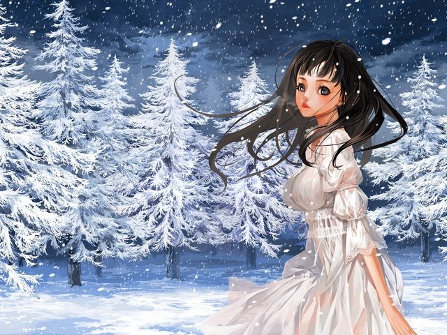 Обои снег, лес, зима, девушка, елки, ели, snow, forest, winter, girl, tree, ate разрешение 1920x1200 Загрузить