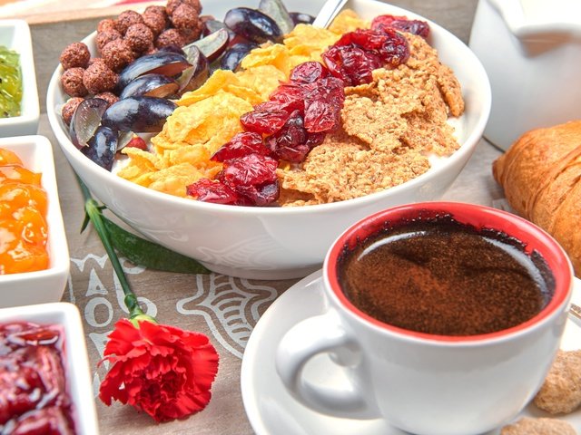 Обои фрукты, кофе, ягоды, завтрак, мюсли, свежие ягоды, fruit, coffee, berries, breakfast, muesli, fresh berries разрешение 7195x4802 Загрузить