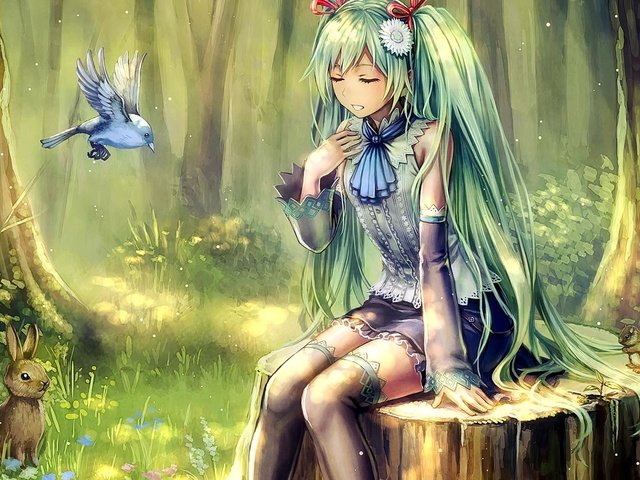 Обои лес, девушка, аниме, птицы, forest, girl, anime, birds разрешение 1920x1080 Загрузить