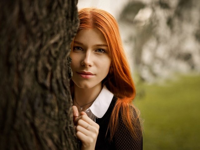 Обои дерево, девушка, портрет, лицо, рыжеволосая, анастасия жилина, tree, girl, portrait, face, redhead, anastasia zhilina разрешение 2133x1200 Загрузить