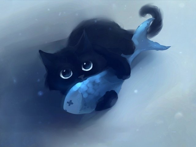 Обои глаза, арт, фон, кот, взгляд, котенок, черный, рыба, eyes, art, background, cat, look, kitty, black, fish разрешение 1920x1080 Загрузить