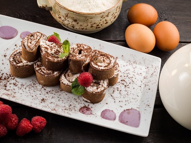 Обои малина, шоколад, десерт, блины, тирамису, raspberry, chocolate, dessert, pancakes, tiramisu разрешение 2100x1401 Загрузить