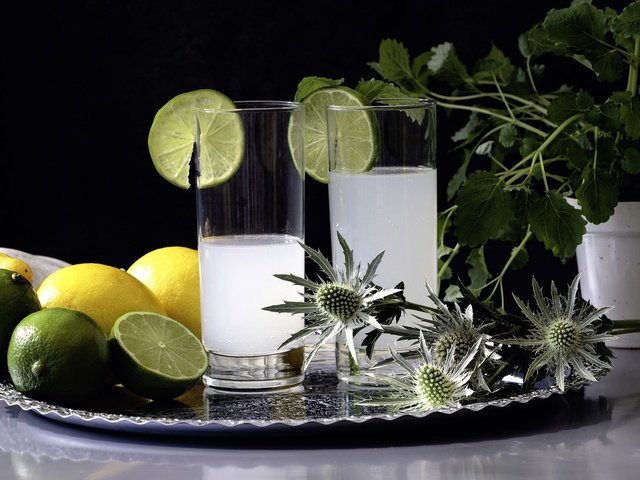 Обои напиток, лимон, лайм, коктейль, стаканы, цитрусы, лимонад, drink, lemon, lime, cocktail, glasses, citrus, lemonade разрешение 2048x1365 Загрузить