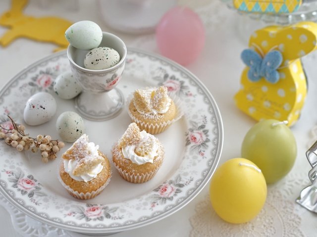 Обои свечи, пасха, яйца, зайчик, пирожные, сервировка, candles, easter, eggs, bunny, cakes, serving разрешение 2048x1365 Загрузить