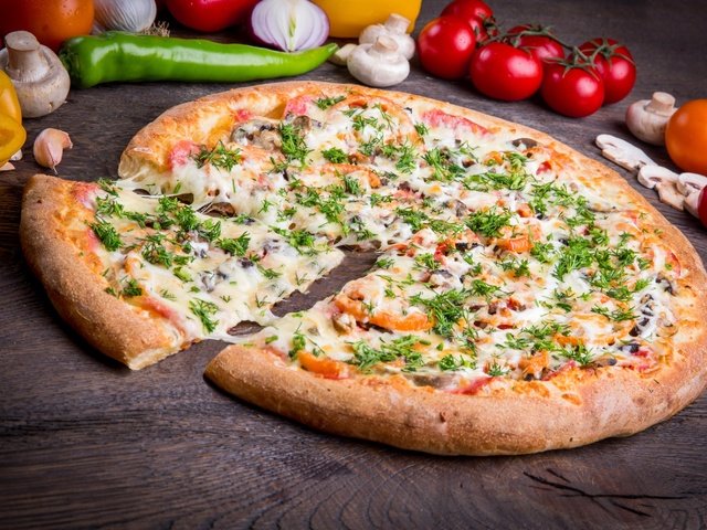 Обои зелень, грибы, сыр, овощи, помидор, перец, пицца, greens, mushrooms, cheese, vegetables, tomato, pepper, pizza разрешение 3000x1993 Загрузить