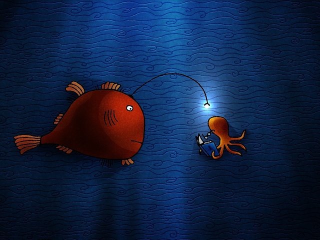 Обои вода, осьминог, лампочка, рыбка, книга, подводный мир, water, octopus, light bulb, fish, book, underwater world разрешение 2560x1600 Загрузить